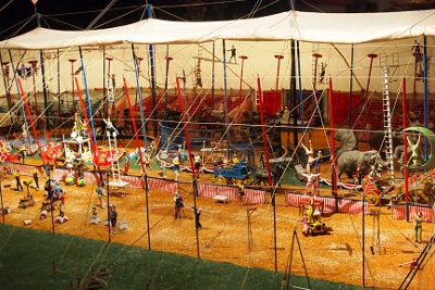 [All the going ons under the big top including animals and acrobats.]